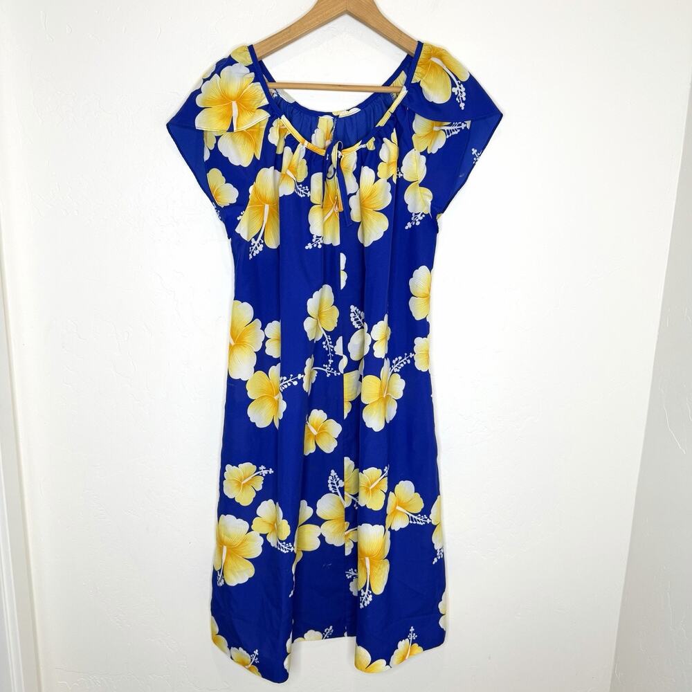 Vintage Hilo Hatties Hawaiian USA Mumu Dress Womens Large Blue Yellow Floral